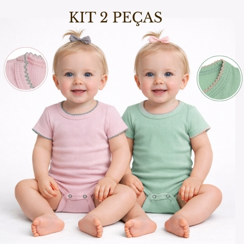 Kit 2 Peças Body Bordado Gola Ribana Canelada Liso Bebe Conforto Praticidade Alta Qualidade Bory para bebês