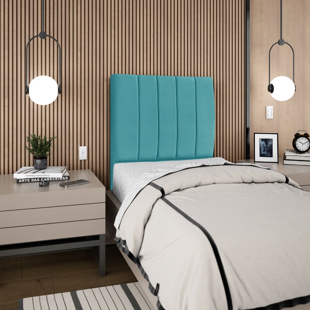 Cabeceira Estofada Cama Box Solteiro 90cm Carla Suede Azul Turquesa