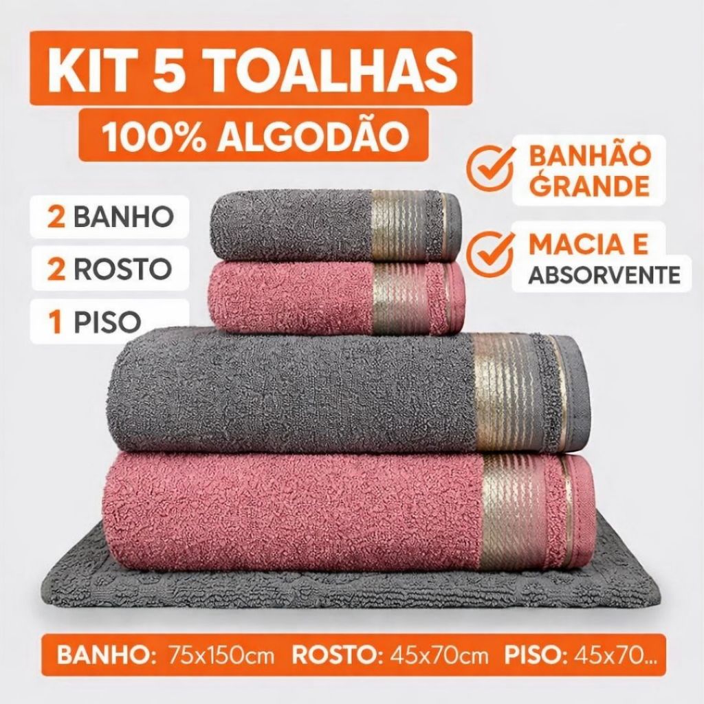Kit 5 Toalhas 100% Algodão Banhão 2 Banho 2 Rosto 1 Piso Jogo Completo