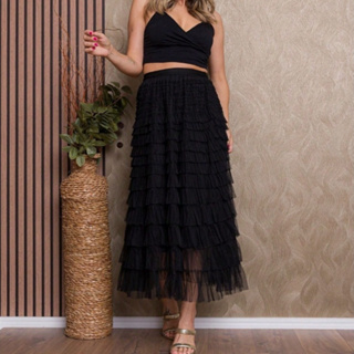 Saia Feminina Elegante Tule Moda Midi Comprida Longa e Elastica Saia de Babado de Camadas em Oferta na Shopee