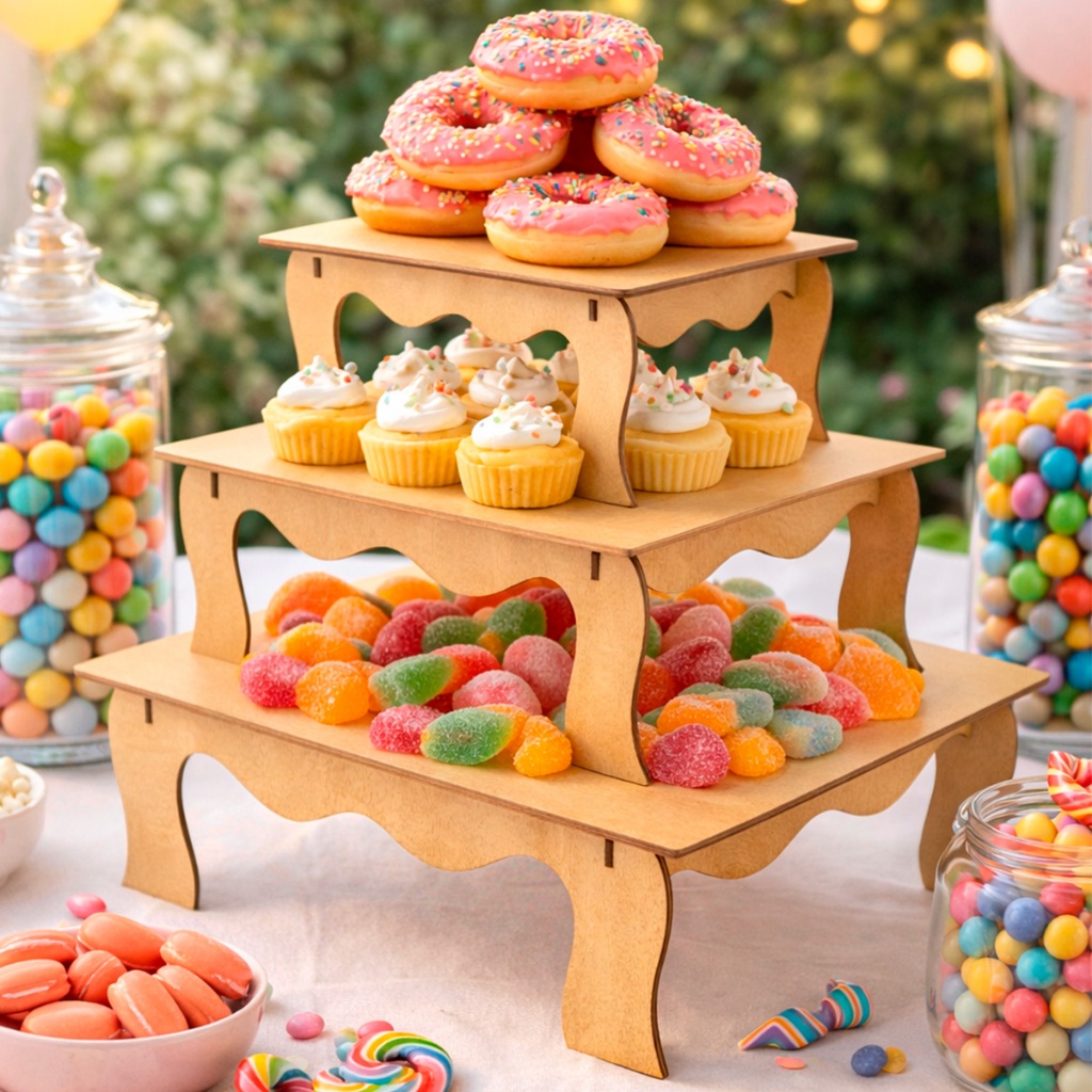 Trio De Bandeja Banquinho Provençal Mdf Festa Suporte Bolo Doces Kit Decorativo Versátil Desmontável Casamento