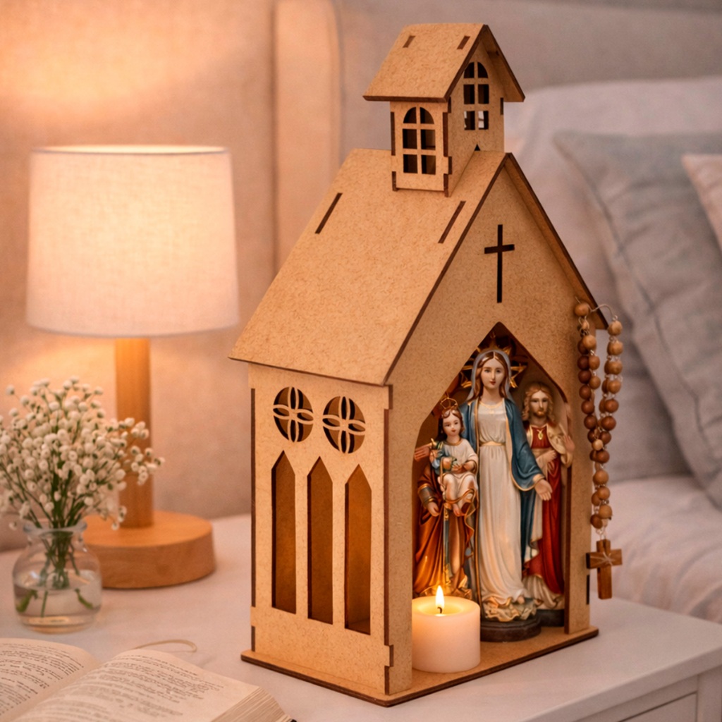 Oratorio Capela Pequena MDF Cru 19,5cm Decoracao Religiosa Provencal Luxo Artesanato Imagem Santos Altar Decorativo Lase