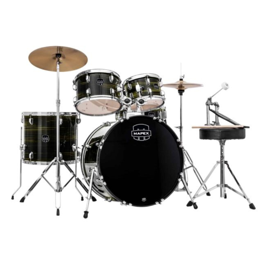 Bateria Mapex Percussão Comet Bumbo Prodigy Ebony Yellow Poplar 20X16 com Baquetas