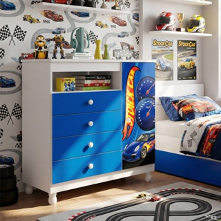 Cômoda organizadora Infantil Carros Stock Car 4 Gavetas com Porta sapateira Prateleira Quarto Menino em Oferta na Shopee