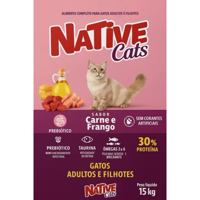 Ração Native Cats 15kg Carne e Frango Gatos Adultos e Filhotes 30% Proteína Premium