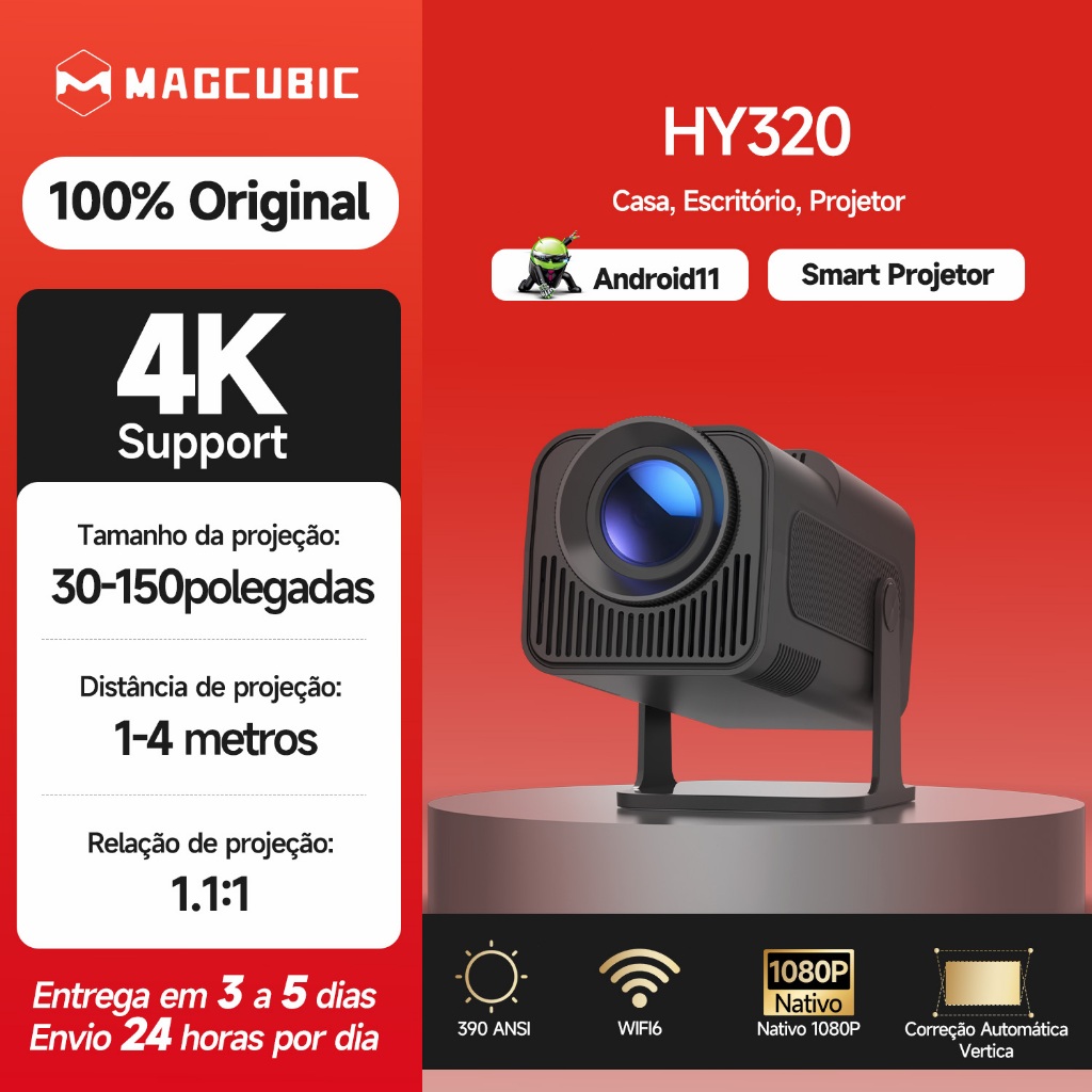 MAGCUBIC Projector HY320 390 ANSI 4K Dual Wifi6 BT5.0 Cinema Portátil Rotação de 180°