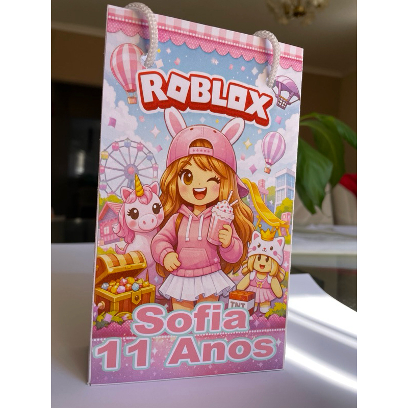 Sacolinhas Personalizadas ROBLOS MENINA ROSA  | Sacola Lembrancinha Festa Infantil | Kit 10 Unidades
