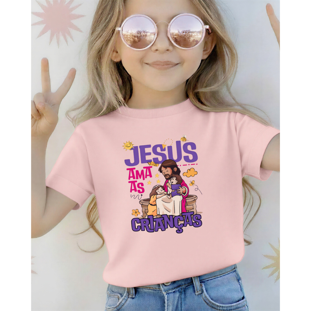 Camiseta T-Shirt Infantil Jesus Ama As Crianças 100% Algodão Fofo Estampa Religiosa Meninas