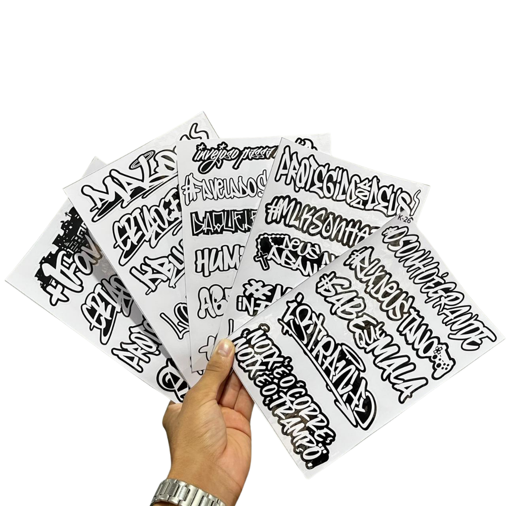 Kit 5 Cartelas Adesivos Vinil Laminado Preto e Branco 22x15cm à Prova D’Água, Não Desbota e Alto Brilho Moto Bike