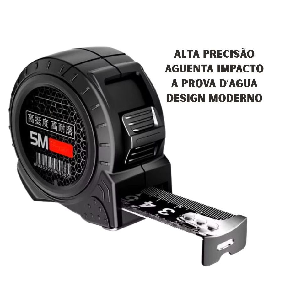 Trena Fita Métrica 5 Metros Preta Profissional para Obra Trava Larga 19mm Alta Precisão Ferramenta para Obra Reforçada
