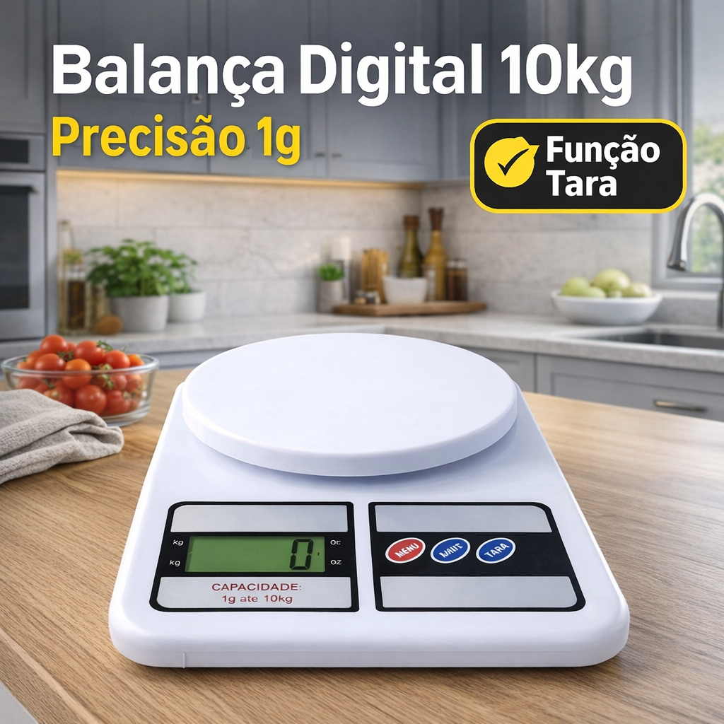 Balança Digital Cozinha 10kg Função Tara p/ Dieta Alta Precisão Nutrição Confeitaria Líquidos e Sólidos
