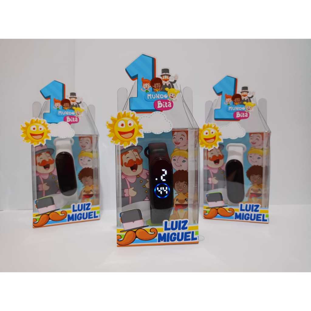 Lembrancinha Festa Infantil com Relógio LED – Caixa de Acetato Personalizada – Qualquer Tema