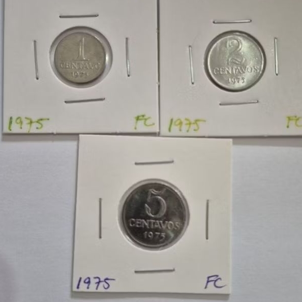 MOEDAS DE 1, 2 E 5 CENTAVOS 1975 FLOR DE CUNHO ( EFIGIE)