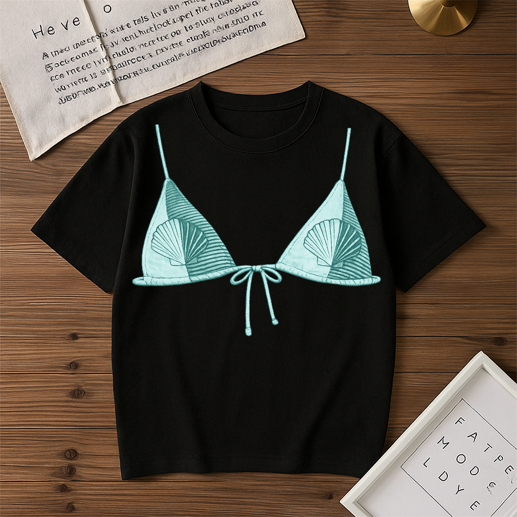 Camiseta Básica Feminina Biquini Concha Moda Tropical Verão Praia Blusa Lançamento
