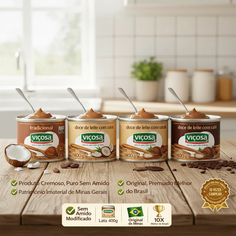 Kit 4 Sabores Doce de Leite Viçosa 400g Tradicional e Especiais: Coco, Café e Cacau