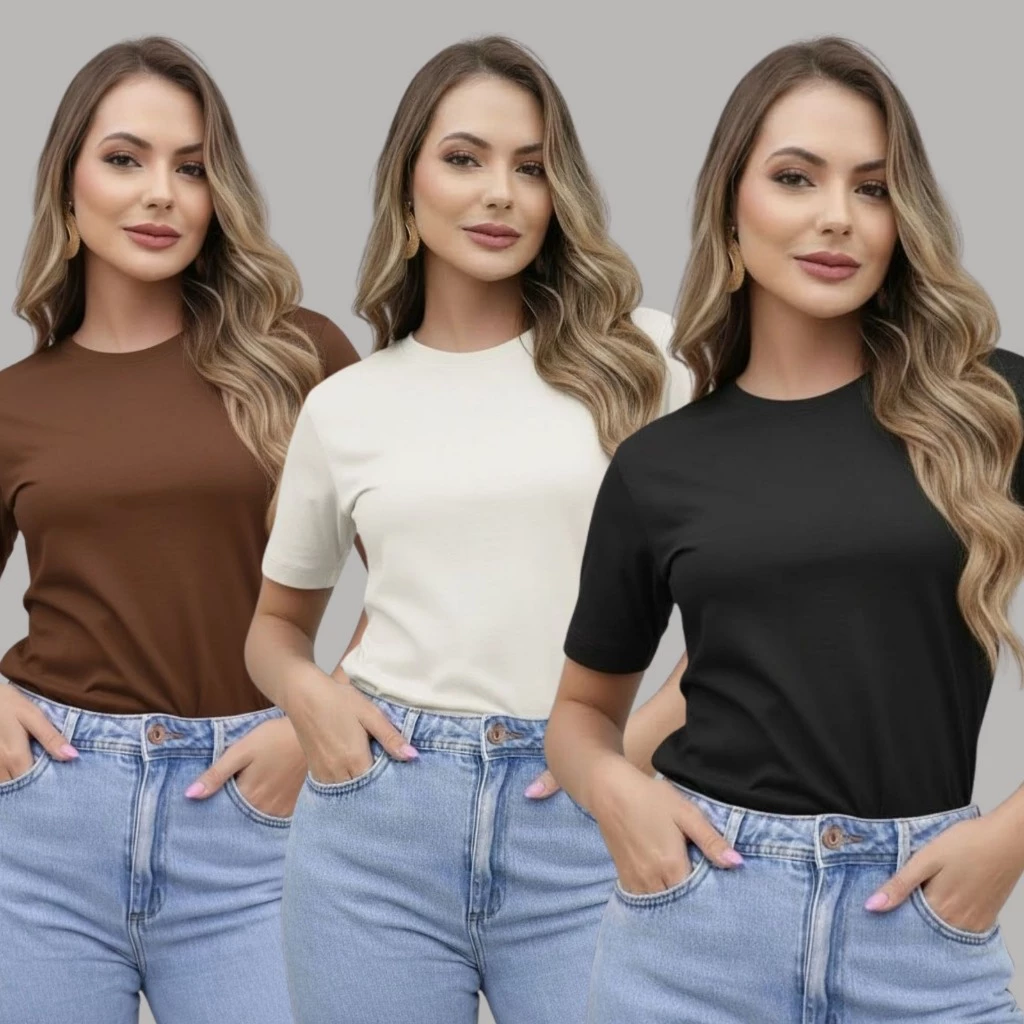 Kit 3 T-Shirt Algodão 30.1 Comfort Confortavel Estilosa Baby Look Casual Básica Urbana — imagem 1