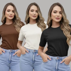 Kit 3 T-Shirt Algodão 30.1 Comfort Confortavel Estilosa Baby Look Casual Básica Urbana