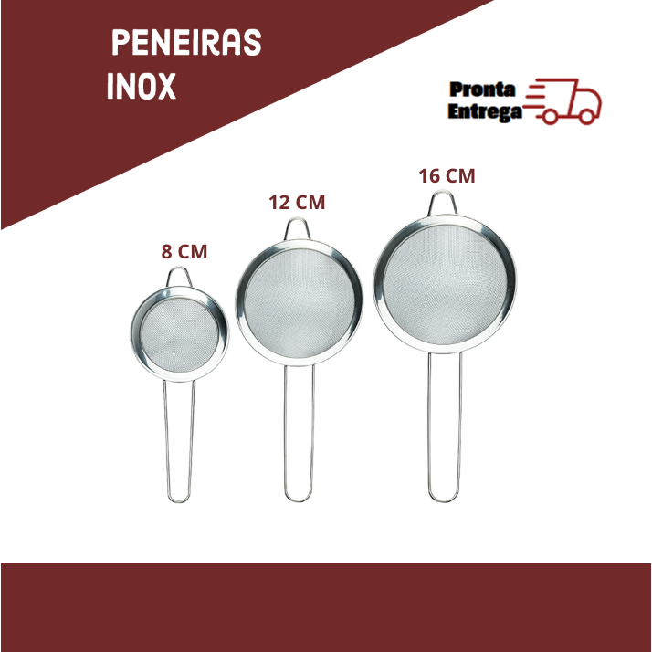 Peneira Em Aço Inox Para Cozinha - 8cm, 12cm, 16cm ou Kit com as 3 Peneiras