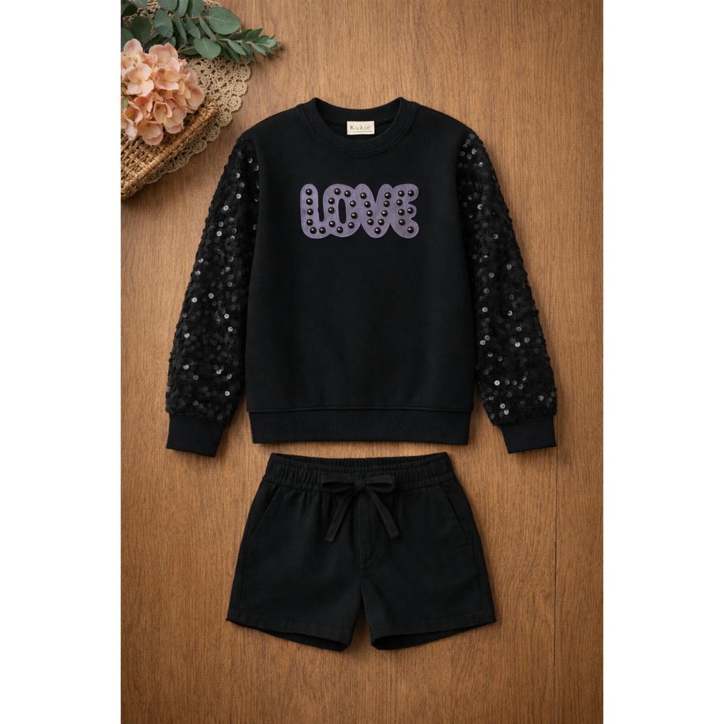 Conjunto Infantil Menina Inverno Blusão Moletom Shorts Sarja Kukie Preto 82419