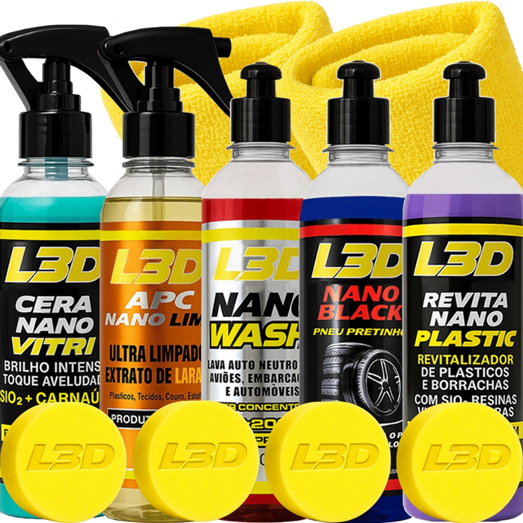 Kit Lavagem Automotiva Cera Carnaúba, Shampoo Automotivo, Apc, Pretinho, Revitalizador de Plásticos