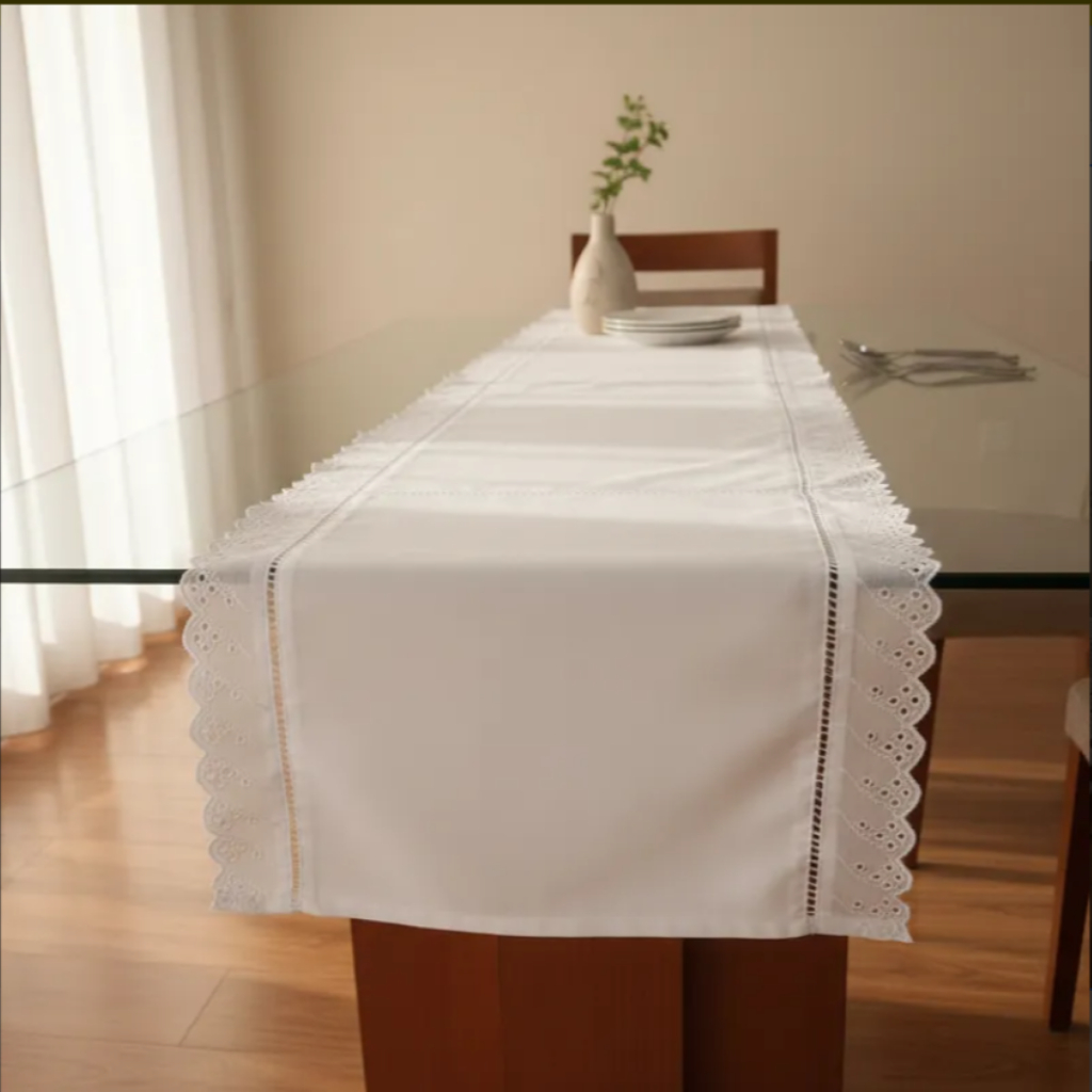 Caminho de Mesa Trilho Passadeira para 4 e 6 cadeiras Ponto Palito Bordado Inglês