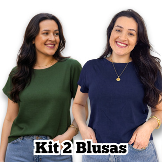 Kit 2 Blusa Feminina Manga Curta Viscolinho Gola Redonda Social Casual Elegante Verao Basica Fresca em Oferta na Shopee