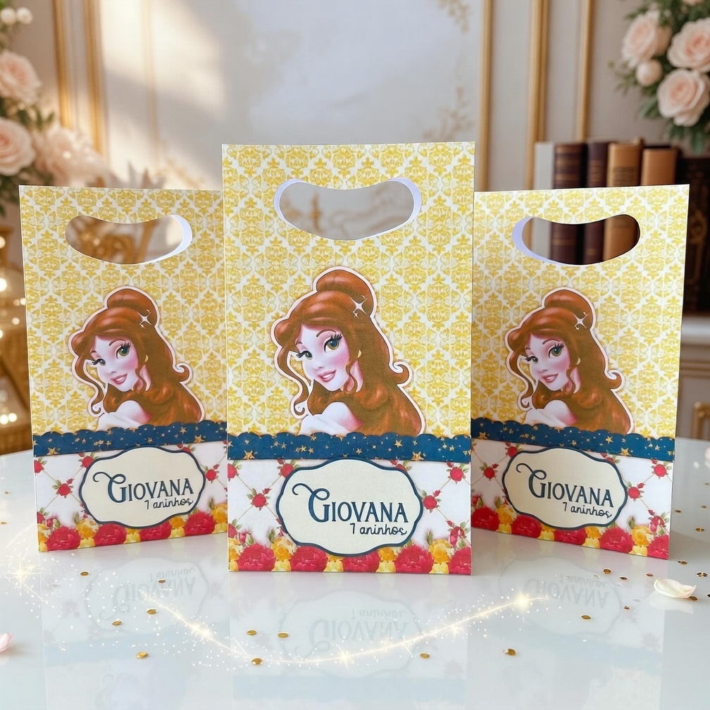 30 Sacolinhas para lembrancinhas PRINCESA BELA | Sacolinha Surpresa Personalizada | Pronta para Montar