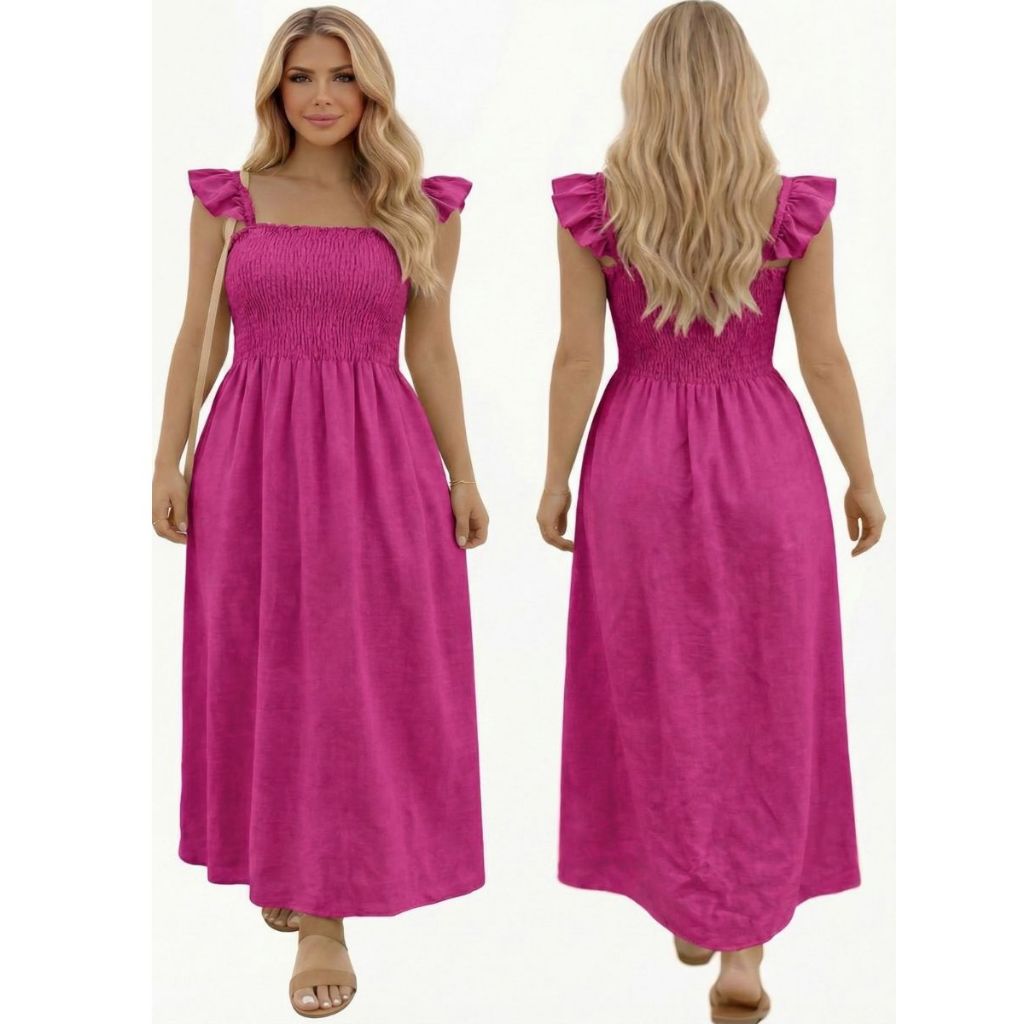 Imagem Vestido Longo Liso com Alças Babado Viscolinho com Forro e Elástico na Cintura Elegante Festa Trabalho Moda Tendência