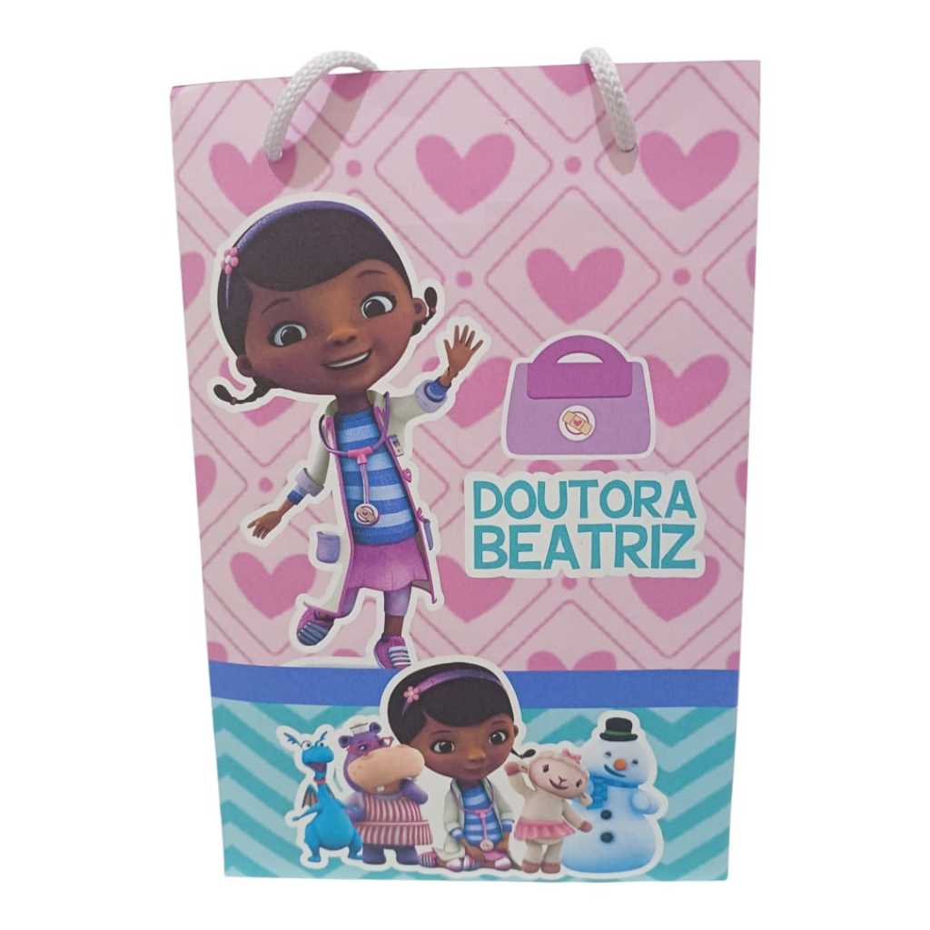 Sacolinha Personalizada com nome e idade (cabe Pipoca) Doutora Brinquedo Surpresa Festa Aniversário Lembrancinhas