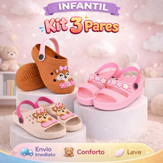 Kit 3 Pares Sandália Papete Infantil Menina Babuche Leve e Confortável em Oferta na Shopee