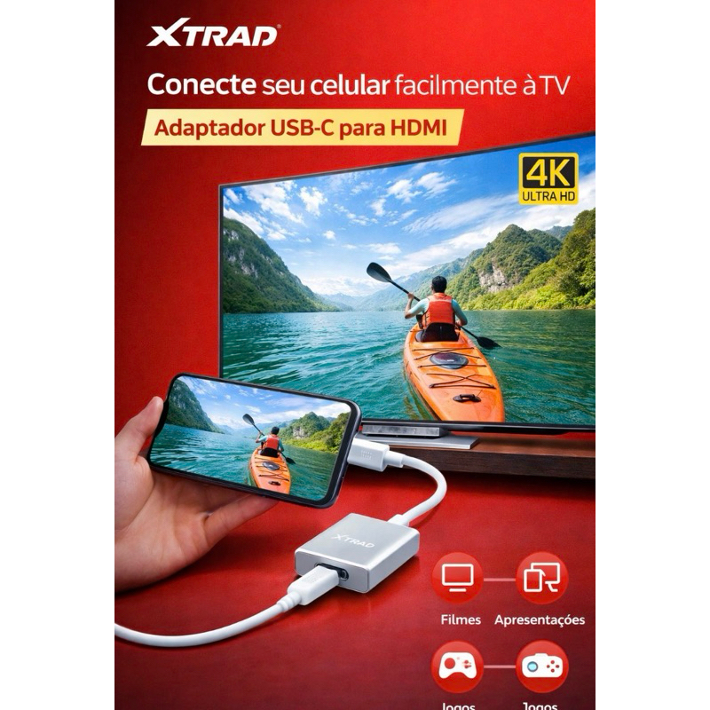 Adaptador USB-C para HDMI 4K XT2214 Espelhamento de Tela Notebook Celular