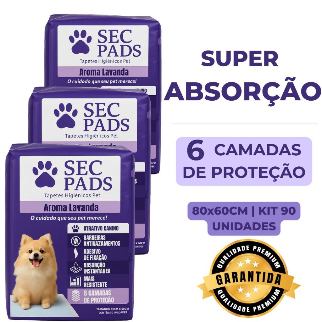 90 Tapete Higiênico Cachorro 80x60cm Cheirinho de Lavanda Super Absorvente Adesivo Fixador Antivazamento