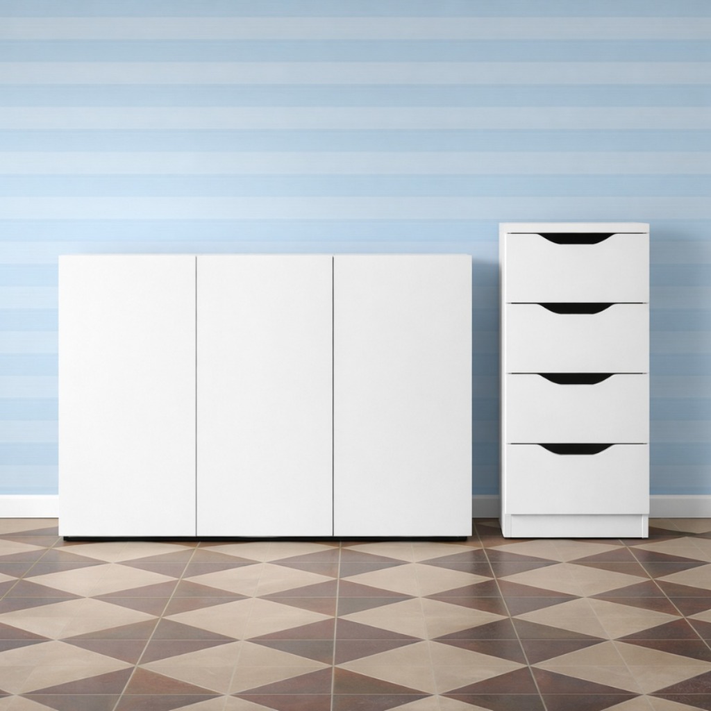Kit com Buffet Aparador 3 Portas e Gaveteiro 4 Gavetas para Organização de Ambientes