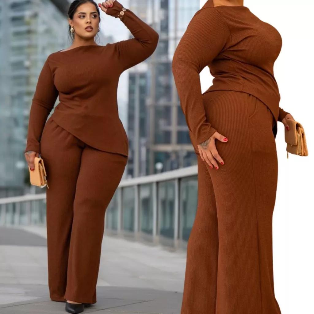 Conjunto Feminino Plus Size Moletom Inverno Manga Longa Calça Wide Leg Roupa Casual Elegante e Confortável Quentinho — imagem 1