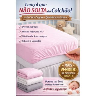 Kit 3 Lençol Berço Americano Percal 400 Fios Com Elastico Infantil Menino Menina