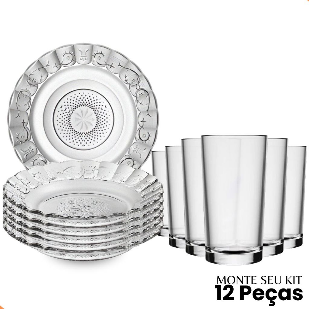 Jogo De Pratos Fundos E Copos 12 Peças Aparelho De Jantar Em Vidro