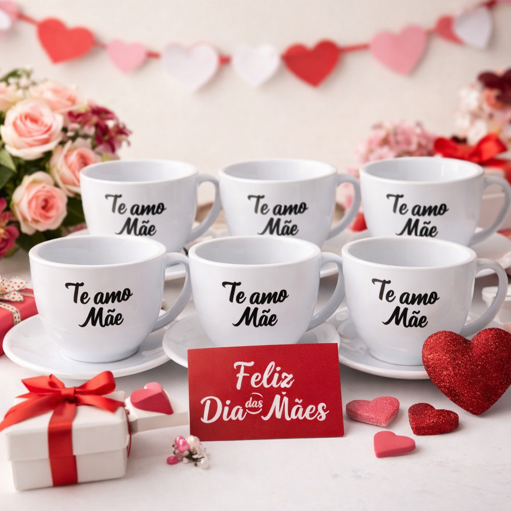 Kit 12 Peças 6 Xícara + 6 Pires Branco 200ml peças em ACRÍLICO Te Amo Mãe Café Cha comemoração em Oferta na Shopee