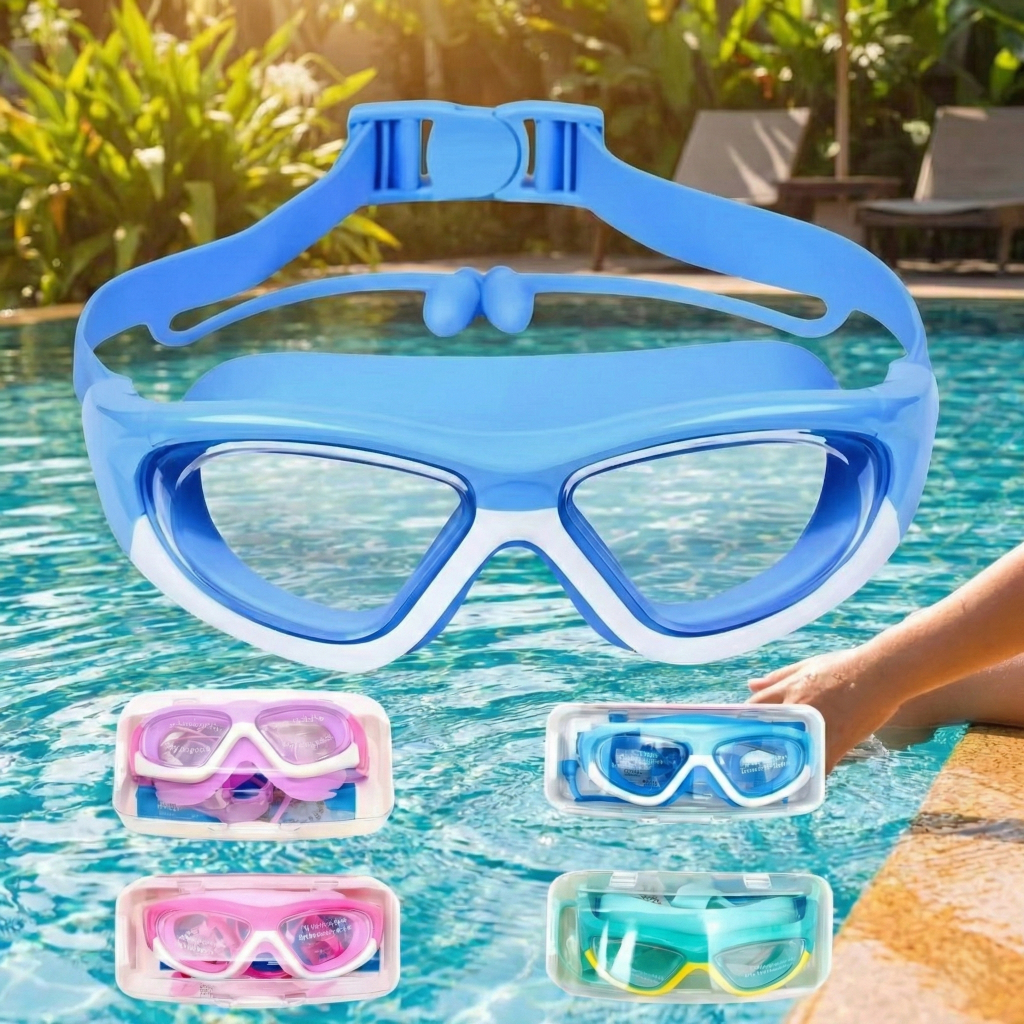 Óculos de Natação Infantil Grande Visão HD Silicone À Prova d'Água Com Estojo e Protetores