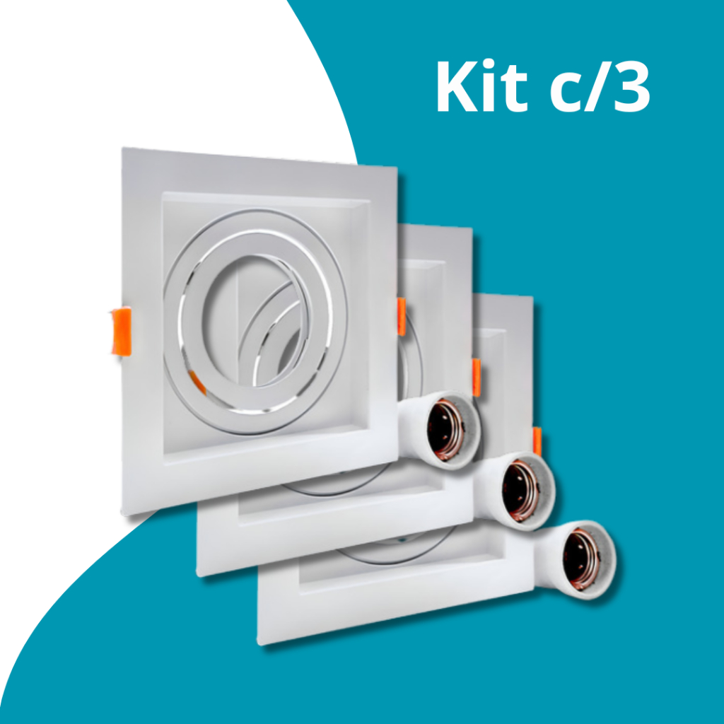 Kit c/3 Spot Branco Recuado Quadrado para Lâmpada PAR20 com Soquete E27