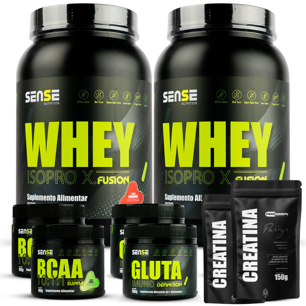2 Whey Protein 900g + 2 Bcaa 100g + 2 Glutamina 100g + 2 Creatinas 150g - Sense