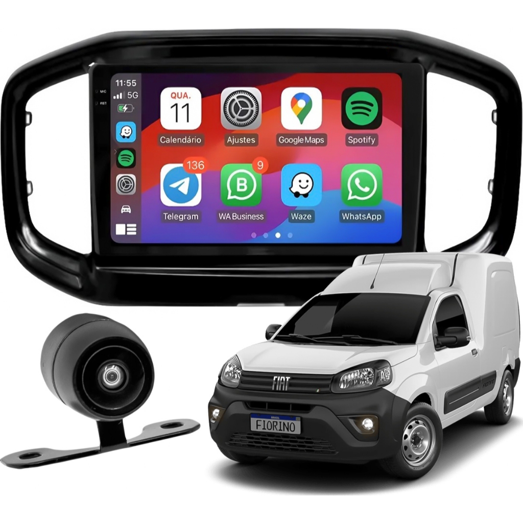Central Multimídia 9" Uppertech MP5 CarPlay Sem Fio Bluetooth Câmera Ré Moldura Fiorino 2022-2026