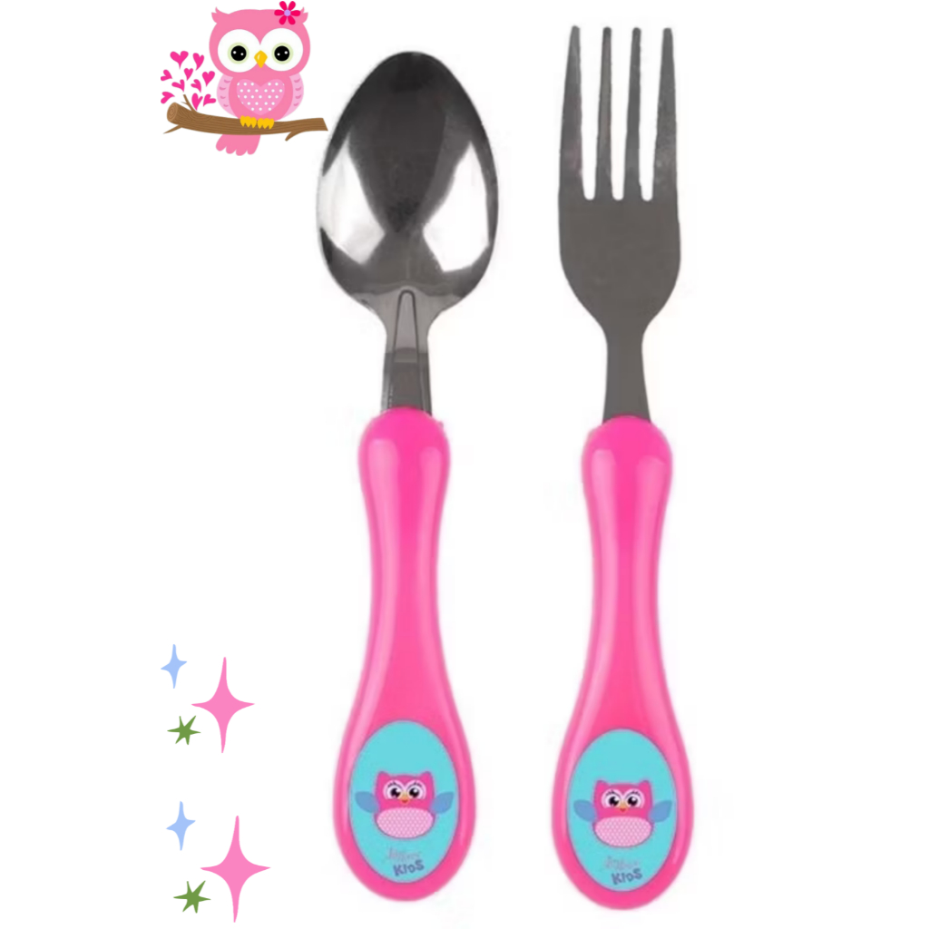 Conjunto de Talher Infantil Garfo Colher Inox Para Alimentação Infantil Bebê Personagem Coruja