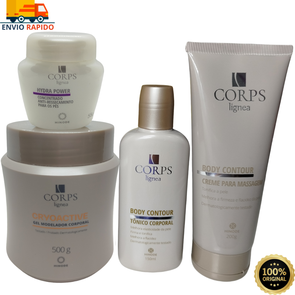 Creme para Massagem Profissional Hinode Corps Lignea 4 Itens Gel Modelador, Creme Massagem, Tônico e Hydra Power.