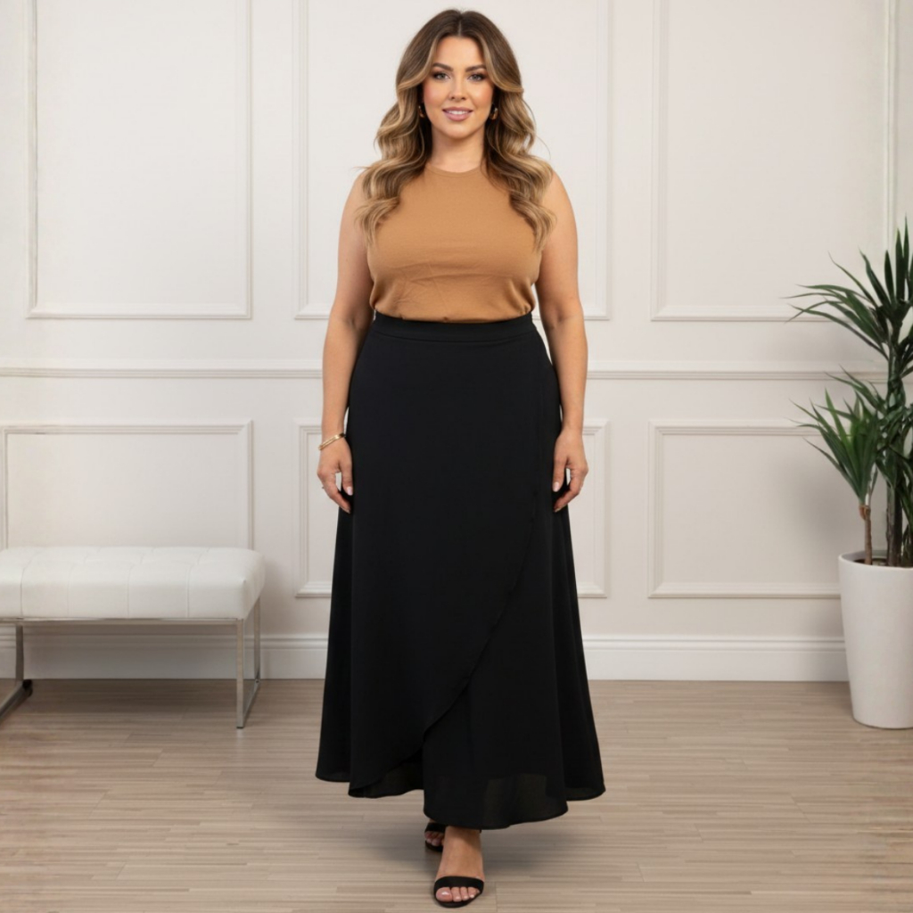 Saia Envelope Transpassada Longa de Amarrar Midi sem Transparência Feminina P–G3 em Oferta na Shopee