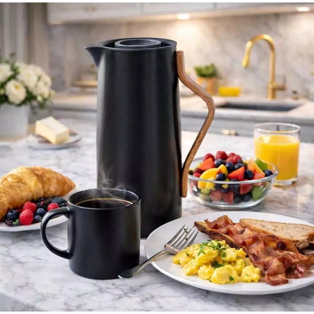 Garrafa Térmica 1 Litro Sotto Para Chás/Café Design Moderno Cabo Madeira,Cores Preta, Branca e Cinza