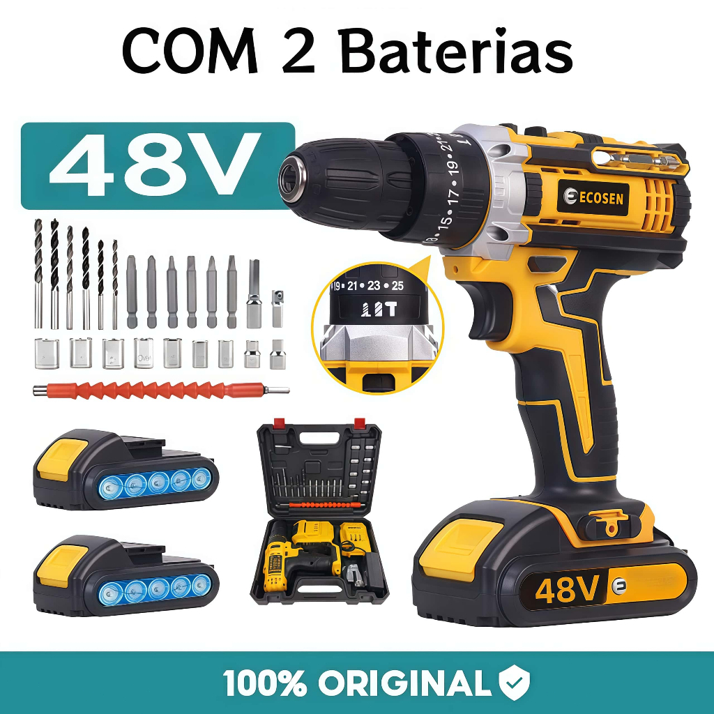 Kit Parafusadeira Furadeira 48V 2 Baterias Com Maleta e Acessórios Completo Ferramentas Orofissionais