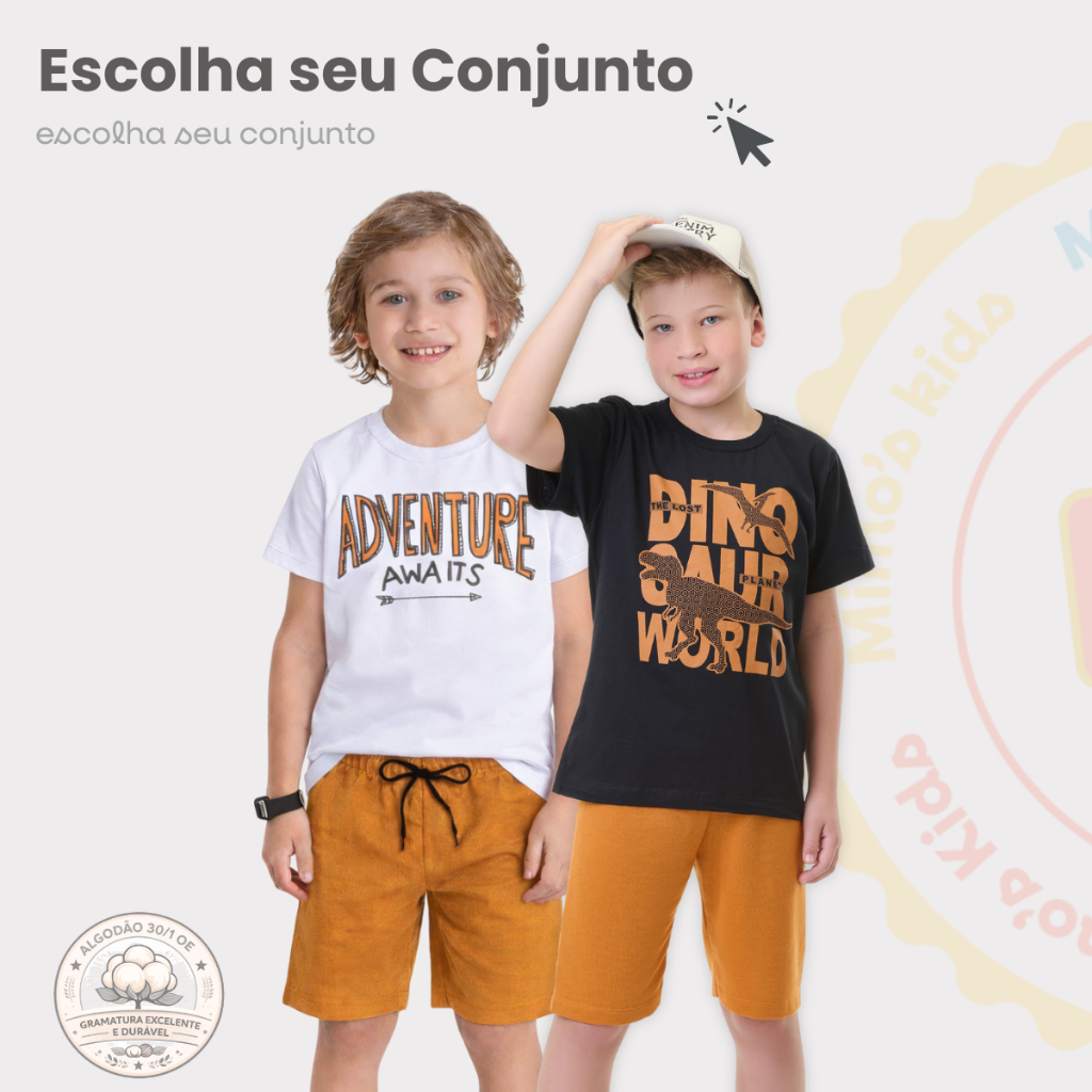 Conjunto Infantil Masculino Menino Verão Camiseta Bermuda Algodão Tam 1 ao 14 anos Roupa Infantil Barata 💛