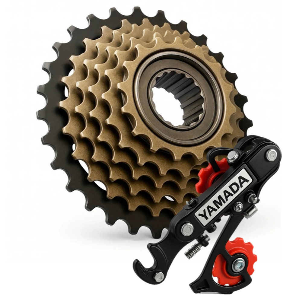 Kit Transmissão Bicicleta Catraca 7V Roda Livre 14/28 + Câmbio Traseiro Indexado Universal MTB