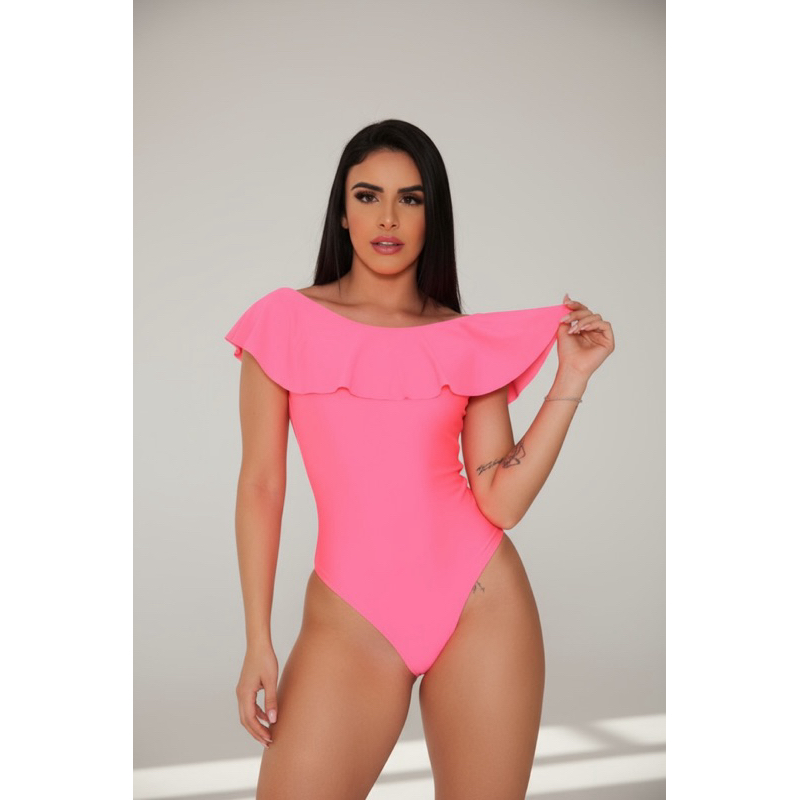 Body Bory Maio Suplex Neon Ombro a Ombro Babado Babadinho Maiô Blusa Feminina Básico
