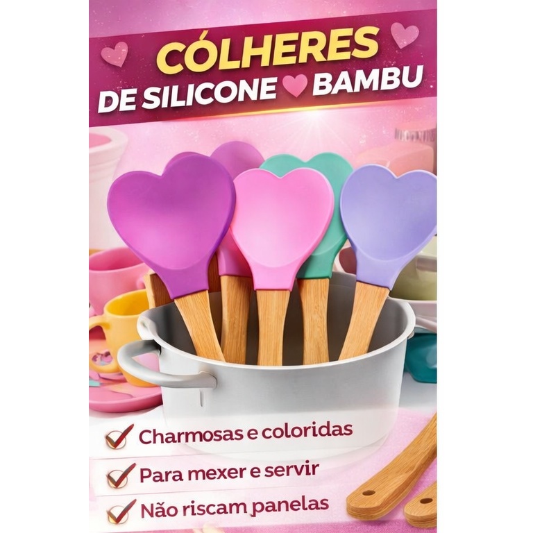 Colher Espátula Silicone Coração com Cabo de Bambu | Utensílio Cozinha Antiaderente (Unidade)